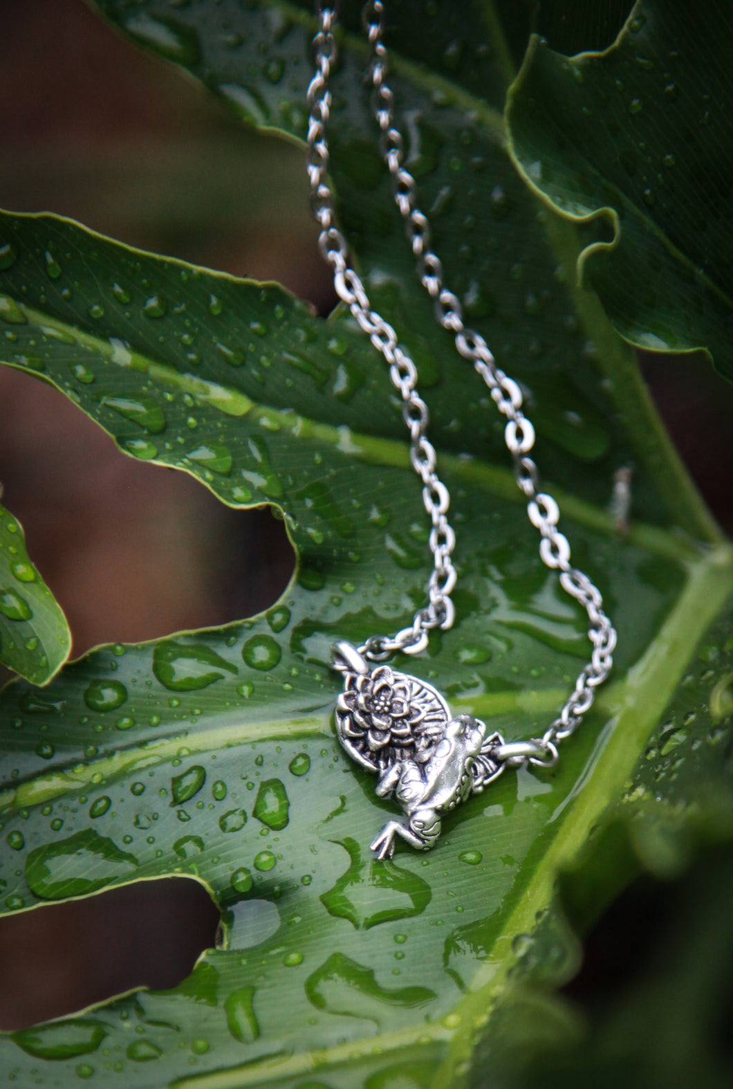 Frog and Lily Pad Necklace -Silver Plated Pewter