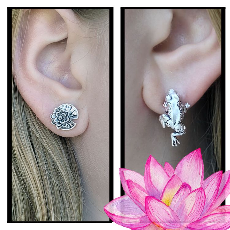 Lily Pad and Frog Earring Set in Sterling Silver