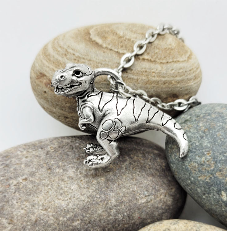 Antique Silver Tyrannosaurus Dinosaur Pendant Necklace - Black Leather Chain, Gift Box - View #6